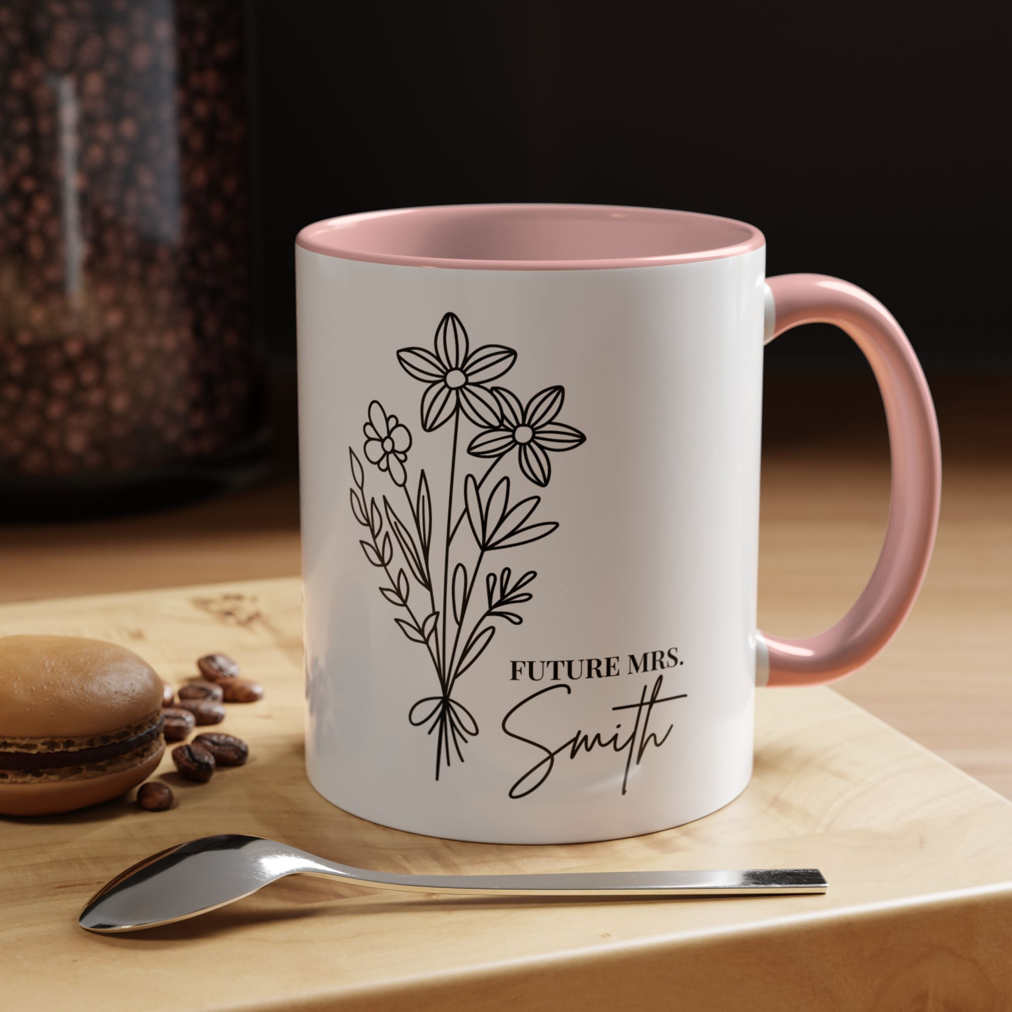 Personalized Future Mrs With Flower Bouquet Accent 11oz Mug, Bride to Be Gift