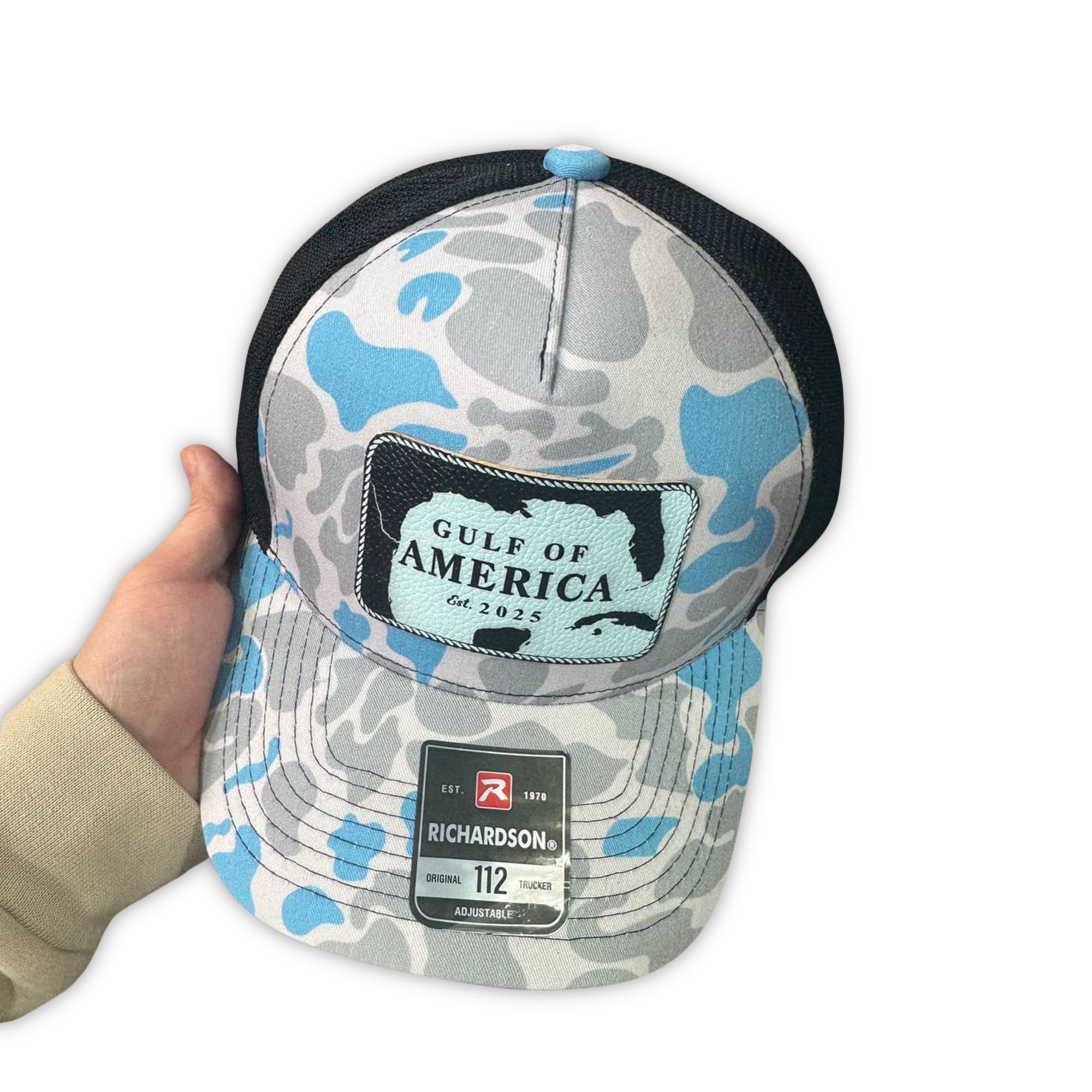 Leather Patch Gulf of America Blue Camouflage Trucker Hat