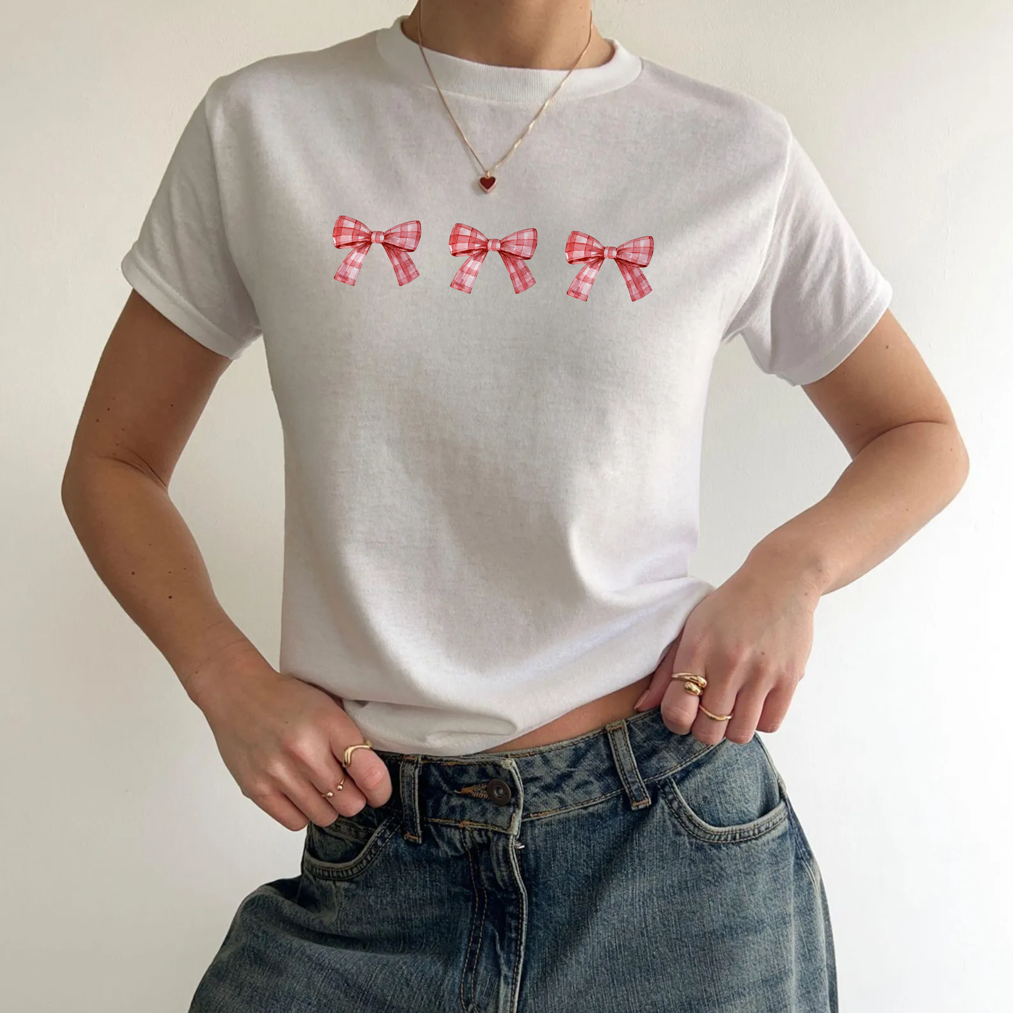 Vintage 90s Red Gingham Bow Baby Tee